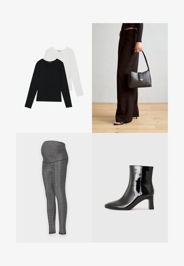 Två långärmade toppar, en svart och en vit, båda med fyrkantig halsringning och tillverkade av mjukt, stretchigt tyg.; Graviditetsleggings i stretchigt, metalliskt svart tyg. Hög midja designad för komfort, smickrande passform genom benen, med en slät textur.; Svart lackläder ankelboot med spetsig tå och en medelhög klack. Slät textur och minimalistisk design.; Svart handväska med strukturerad form, slät yta och metallspänne. Matchad med vida svarta byxor och sandaler med öppen tå på trägolv.