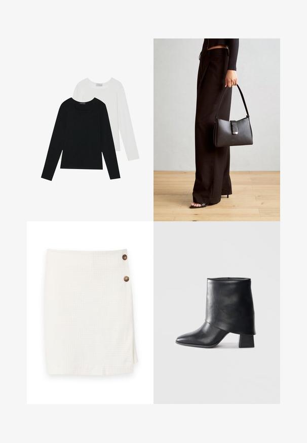 Divi ilgiem piedurknēm tops, viens melns un otrs balts, abiem ir kvadrāta izgriezums un tie ir izgatavoti no mīksta, elastīga auduma.; Balta svārki ar teksturētu audumu, ar aploksnes dizainu un divām apaļām pogām sānos, lai aizdarinātu.; Melnas ādas potītes zābaki ar norādītu purngalu, gludu tekstūru un strukturētu blokveida papēdi. Iezīmē augstu, salocītu apkakles dizainu.; Melnā somiņa ar strukturētu formu, gludu tekstūru un metālu sprādzi. Saskaņota ar platām melnām biksēm un sandālēm ar atvērtu purngalu uz koka grīdas.