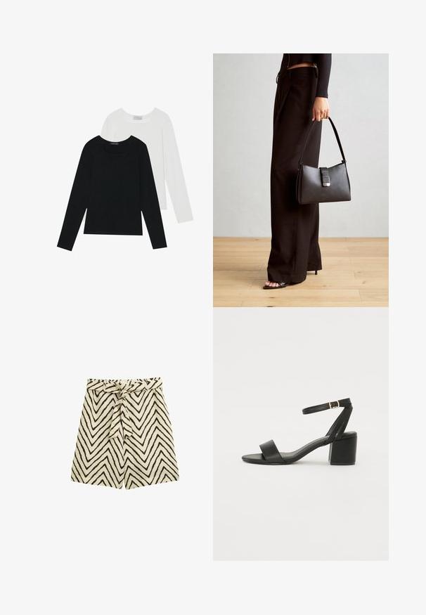 Két hosszú ujjú felső, az egyik fekete, a másik fehér, mindkettő négyzet alakú nyakkivágással rendelkezik, és puha, rugalmas anyagból készült.; Könnyű, bézs színű rövidnadrág fekete cikkcakk mintával. Deréknál megkötős övvel és laza fazonnal rendelkezik.; Fekete magassarkú szandál sima bőr felső résszel, nyitott orral, széles elülső pántokkal és állítható bokapánttal, arany csat részlettel.; Fekete kézi táska strukturált formával, sima textúrával és fémből készült záródással. Széles fekete nadrággal és nyitott orrú szandállal párosítva, fából készült padlón.