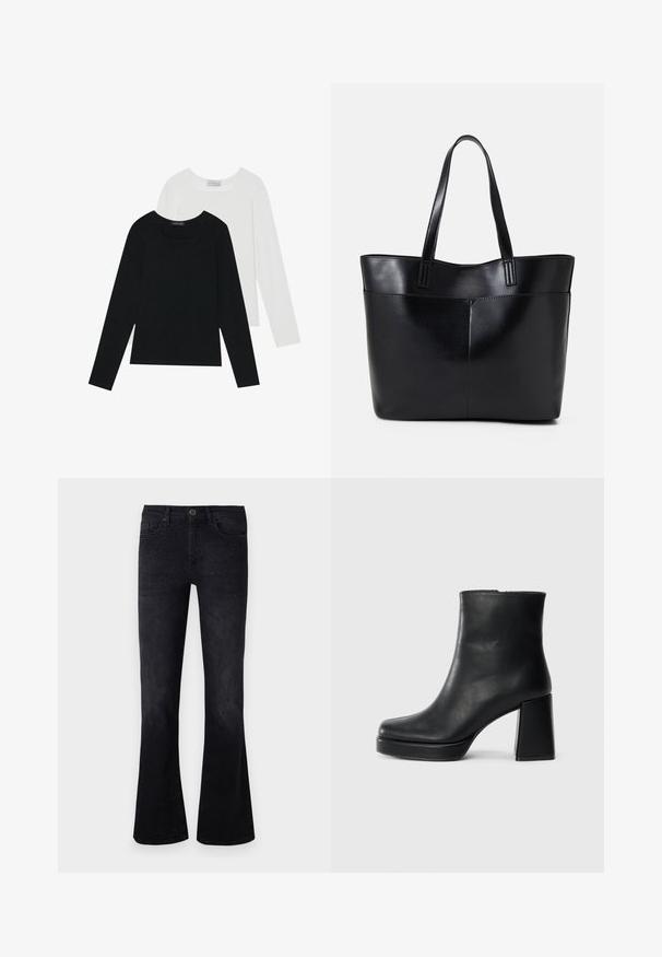 Deux tops à manches longues, un noir et un blanc, tous deux avec un décolleté carré et fabriqués en tissu doux et extensible.; Jean noir évasé en denim, avec une taille mi-haute, des embellissements sur le devant et un design classique à cinq poches.; Bottine en cuir noir avec un talon bloc et une semelle plateforme, vue de côté sur un fond blanc uni.; Sac fourre-tout en cuir noir avec deux longues poignées, une texture lisse et une forme structurée. Dispose d'une poche avant pour un rangement supplémentaire.