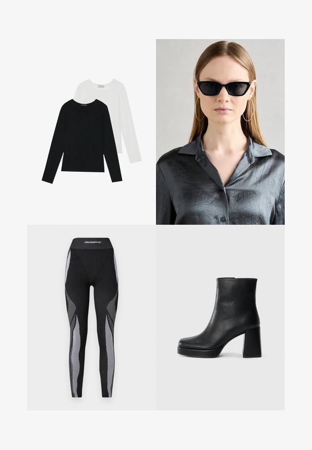 Du suknelės su ilgomis rankovėmis, viena juoda ir viena balta, abi su kvadratiniu iškirpimu ir pagamintos iš minkštos, elastingos medžiagos.; Juodi sportiniai leggingai su aukštu juosmeniu, tekstūruota medžiaga ir kontrastingomis pilkomis tinklelio panelėmis su dryžuotais ir taškuotais raštais.; Juodas odinis kulkšninis botas su bloku ir platformos padu, matomas šoniniu vaizdu ant balto fono.; Juodos katės akies formos saulės akiniai su blizgiu paviršiumi, dėvimi kartu su tekstūruotu pilku marškinėlių hemštu. Matomi dideli žiediniai auskarai.