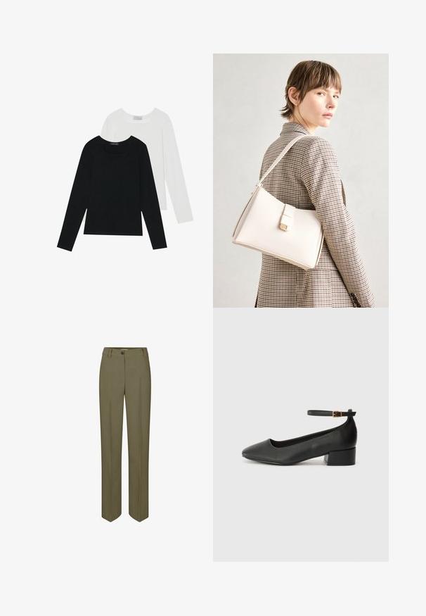 Deux tops à manches longues, un noir et un blanc, tous deux avec un décolleté carré et fabriqués en tissu doux et extensible.; Pantalons ajustés vert olive avec une jambe droite, fermeture à un bouton et deux plis avant, présentant une texture lisse et tissée.; Escarpin en cuir noir avec un bout pointu et un petit talon bloc. Doté d'une bride de cheville avec une boucle dorée. Texture lisse.; Sac à main en cuir blanc au design structuré, doté d'un fermoir magnétique et d'une bandoulière, présenté sur un fond neutre.