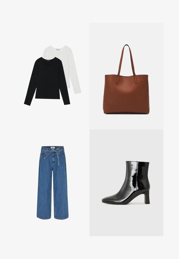 Kaksi pitkähihainen paitaa, yksi musta ja yksi valkoinen, molemmat neliönmallisella kaula-aukolla ja pehmeästä, joustavasta kankaasta valmistettu.; Lahkeet tummansiniset farkut, joissa on leveät lahkeet, nyöri vyötäröllä, perinteinen viisi taskua ja sileä, hieman tekstitetty pinta.; Musta patenttilakattu nilkkuri, jossa on terävä kärki ja keskipitkä lohkarekorko. Silkkinen pinta ja minimalistinen muotoilu.; Ruskea nahkainen olkalaukku, jossa on sileä pinta, avoin yläosa ja kaksi olkahihnaa. Omaavat vain minimaalisen ompelun eikä näkyvää metalliosaa.