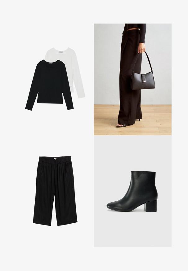 Kaks pikka varrukatoppi, üks must ja teine valge, mõlemad ruudukujulise kaelusega ja valmistatud pehmest, venivast kangast.; Mustad mustreid püksid elastse vöökohtaga, küljetaskute ja siledast, kergest kangast. Disain on lõdvestunud.; Mustad nahast pahkluu saapad terava varbaga ja jämeda kandaga. Sile tekstuur minimaalse aktsentidega ja stiilne, lihvitud disain.; Must musta kott, millel on struktureeritud kuju, sile tekstuur ja metallist klamber. Kombineeritud laiate mustade pükstega ja avatud varvaste sandaalidega puidust põrandal.