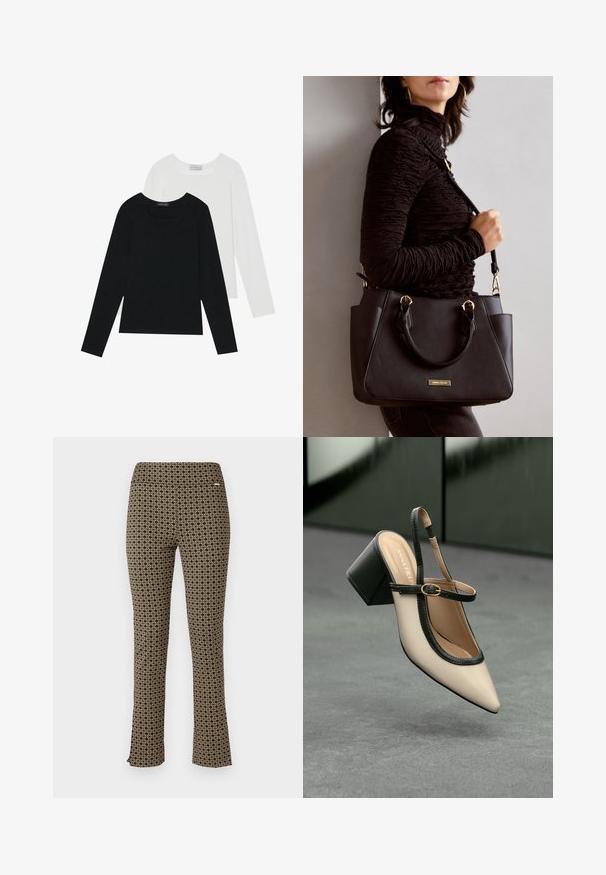 Dva dugo rukava, jedan crni i jedan bijeli, oba s kvadratnim izrezom i izrađeni od mekane, rastezljive tkanine.; Smeđe hlače sa uzorkom i širim nogavicama, s geometrijskim oblicima u zlatnoj i tamnoplavoj boji. Glatka tekstura i elastični pojas.; Bež cipele s otvorenom petom i šiljastim vrhom, crnim obrubom, zlatnom kopčom i debelim blok-petom na sivom podu s tamnozelenom pozadinom.; Crna torba s teksturiranom površinom, dvostrukim gornjim ručkama i podesivom remenom za rame. Ima zlatne metalne detalje i bočne džepove.