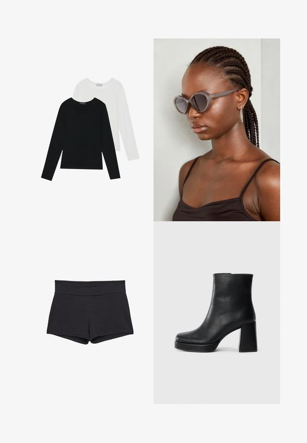 Zwei Langarmoberteile, eines schwarz und eines weiß, beide mit einem quadratischen Ausschnitt und aus weichem, dehnbarem Stoff.; Schwarze, enganliegende Shorts mit einem breiten Taillenbund, aus einem weichen, elastischen Stoff. Die Saumkanten sind glatt ohne sichtbare Verschlüsse oder Muster.; Schwarze Leder-Stiefelette mit Blockabsatz und Plattformsohle, seitlich auf einem schlichten weißen Hintergrund betrachtet.; Graue, übergroße Sonnenbrille mit runder Form und dunklen Gläsern. Eleganter Kunststoffrahmen mit glatter Oberfläche. Das Modell hat geflochtenes Haar.