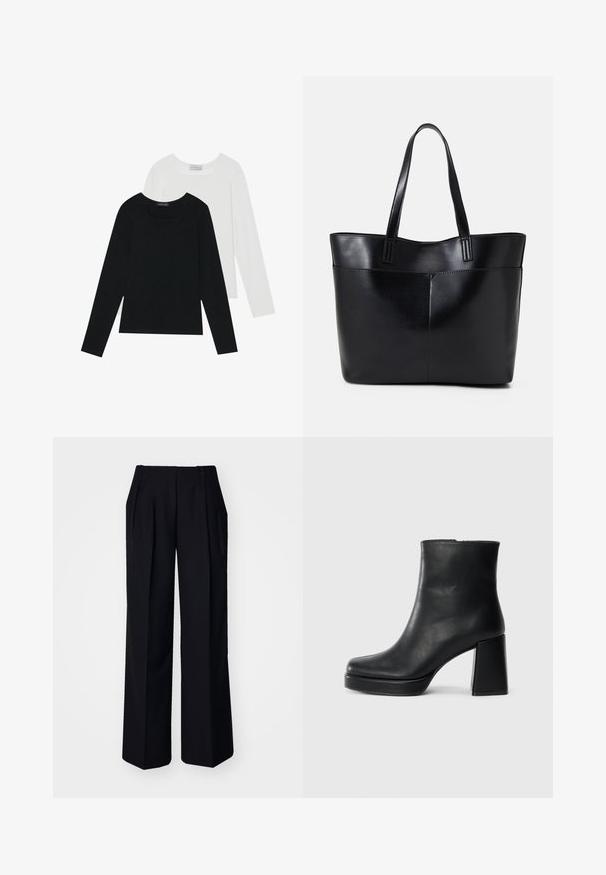 To lange ermer t-skjorter, en svart og en hvit, begge med firkantet utringning og laget av mykt, elastisk stoff.; Svarte vide bukser med folder, laget av et glatt stoff. Har knappelukking og side lommer. Ren, rett silhuett.; Sorte skinnankelsko med blokkhæl og plattformsåle, sett fra siden på en enkel hvit bakgrunn.; Svart lær toteveske med to lange håndtak, en glatt tekstur og en strukturert form. Har en frontlomme for ekstra oppbevaring.