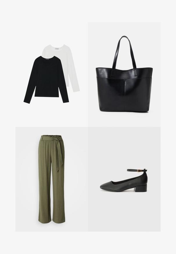 Zwei Langarmoberteile, eines schwarz und eines weiß, beide mit einem quadratischen Ausschnitt und aus weichem, dehnbarem Stoff.; Hosen in Olivgrün, aus leichtem Stoff. Verfügt über ein weites Bein, einen elastischen Bund und einen Stoffgürtel mit Schleifen-Detail.; Schwarze Lederpumps mit spitzem Zehenbereich und niedrigem Blockabsatz. Mit einem Knöchelriemen und einer goldfarbenen Schnalle. Glatte Textur.; Schwarze Leder-Shopper-Tasche mit zwei langen Griffen, einer glatten Textur und einer strukturierten Form. Verfügt über eine Vordertasche für zusätzlichen Stauraum.