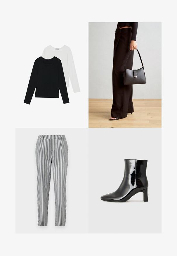 Zwei Langarmoberteile, eines schwarz und eines weiß, beide mit einem quadratischen Ausschnitt und aus weichem, dehnbarem Stoff.; Gestrickte Hose in Grau und Weiß, mit eleganter Passform, Falten und einem glatten Stofffinish. Keine sichtbaren Taschen oder Verzierungen.; Schwarzer Lackleder-Stiefelette mit spitzer Zehe und einem mittelhohen Blockabsatz. Glatte Textur und minimalistisches Design.; Schwarze Handtasche mit strukturierter Form, glatter Textur und einem metallischen Verschluss. Kombiniert mit weiten schwarzen Hosen und offenen Sandalen auf einem Holzboden.