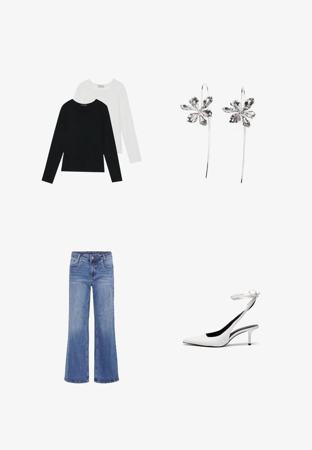 Dos camisetas de manga larga, una negra y otra blanca, ambas con escote cuadrado y confeccionadas en un tejido suave y elástico.; My Essential Wardrobe LOUIS HIGH WIDE - Vaqueros rectos - medium blue wash; Zapatos de tacón de punta blanca con tiras traseras delgadas. Material de cuero suave, tacón de aguja delgado y un forro interior negro.; Pendientes de plata en forma de flor con un acabado texturizado, que presentan ganchos largos y detalles en forma de pétalos para un diseño intrincado.