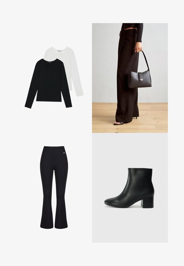 Dvoje dlhých rukávov, jedny čierne a jedny biele, s hranatým výstrihom a vyrobené z mäkkého, elastického materiálu.; Čierne rebrované rozšírené nohavice s vysokým pásom. Hladká textúra a priliehavý strih, ktorý sa zužuje smerom k kolenám a následne sa rozširuje.; Čierne kožené členkové čižmy s špicatou špičkou a hrubým podpätkom. Hladká textúra s minimálnymi akcentmi a elegantným, priliehavým dizajnom.; Čierna kabelka so štruktúrovaným tvarom, hladkou textúrou a kovovou sponou. V kombinácii so širokými čiernymi nohavicami a sandálmi s otvorenou špičkou na drevenej podlahe.