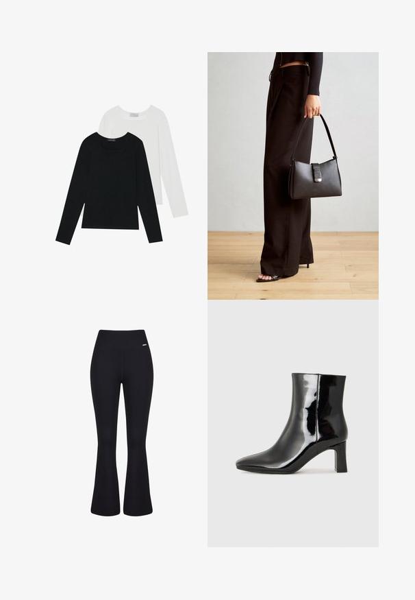 Dva dugo rukava, jedan crni i jedan bijeli, oba s kvadratnim izrezom i izrađeni od mekane, rastezljive tkanine.; Crne rebraste hlače s visokim strukom. Glatka tekstura i prilagođeni siluet koji se sužava prema koljenima prije nego se širi.; Crne lakirane kožne gležnjače s šiljastim prstom i srednje visokom blok petom. Glatka tekstura i minimalistički dizajn.; Crna torba s oblikom koji sadrži strukturu, glađu teksturu i metalnu kopču. Uparena s širokim crnim hlačama i sandalama na otvorenom s drvenog poda.