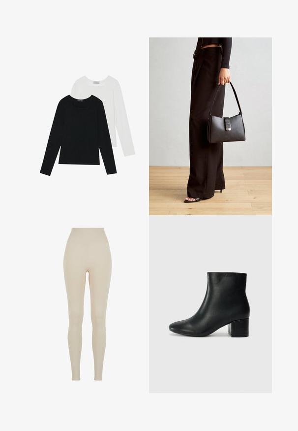 Divi ilgiem piedurknēm tops, viens melns un otrs balts, abiem ir kvadrāta izgriezums un tie ir izgatavoti no mīksta, elastīga auduma.; Bežīgas legingas, izgatavotas no elastīgas auduma ar augstu jostasvietu; gluda tekstūra, pieguļoša siluets, bez redzamām rakstainām vai aparatūras detaļām.; Melna ādas potīšu zābaki ar smailu purngalu un masīlu papēdi. Gluda tekstūra ar minimāliem akcentiem un gludu, pieguļošu dizainu.; Melnā somiņa ar strukturētu formu, gludu tekstūru un metālu sprādzi. Saskaņota ar platām melnām biksēm un sandālēm ar atvērtu purngalu uz koka grīdas.