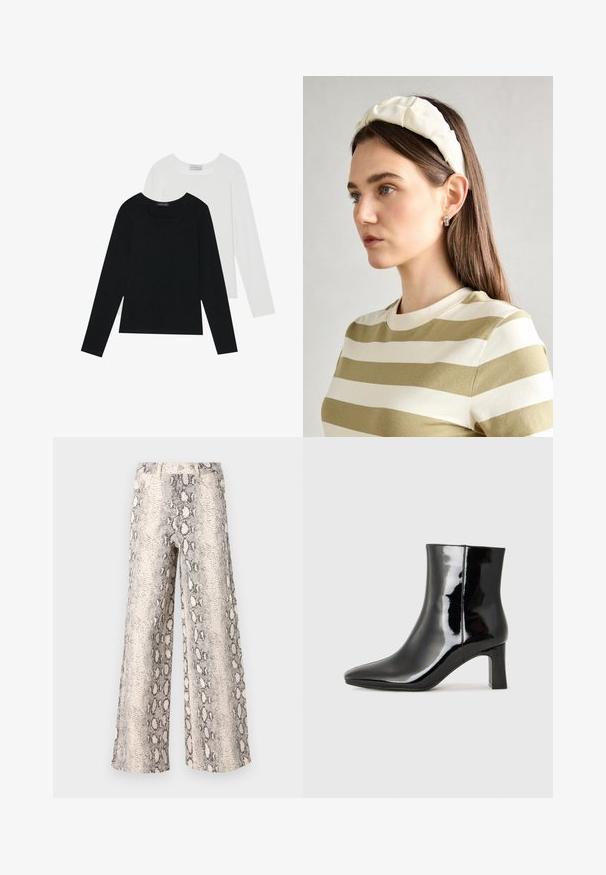 Două bluze cu mânecă lungă, una neagră și una albă, ambele având un guler pătrat și fiind confecționate dintr-un material moale și elastic.; Pantaloni largi cu un model de imprimeu șarpe, având o paletă de culori crem și gri, confecționați dintr-un material texturat cu un design cu talie înaltă.; Botine negre din piele lacuită, cu vârful ascuțit și toc bloc de înălțime medie. Textură netedă și design minimalist.; Bandă de cap din material moale, de culoare crem, cu un design răsucit, purtată alături de o bluză în dungi bej și albă, cu guler rotund. Accente discrete din bijuterii.