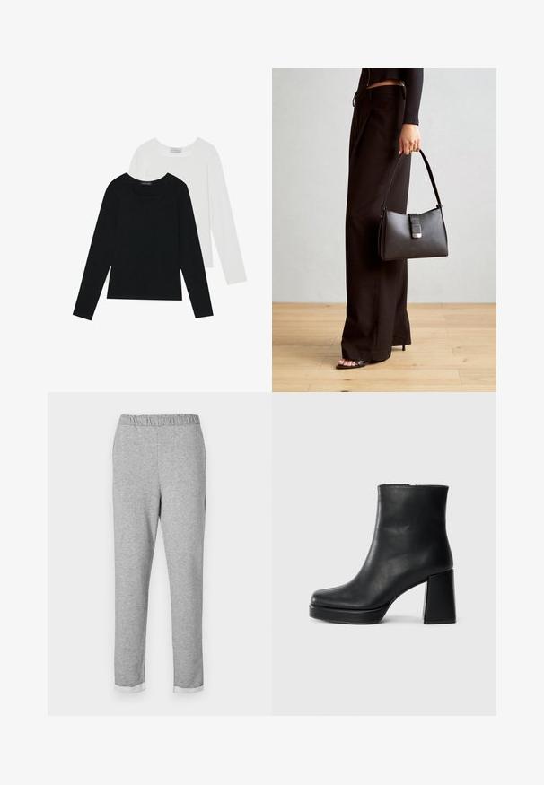 Dvoje dlhých rukávov, jedny čierne a jedny biele, s hranatým výstrihom a vyrobené z mäkkého, elastického materiálu.; Šedé teplákové nohavice s elastickým pásom, zúženým strihom a prehnutým lemom na spodku. Mäkká štruktúra bez viditeľných vzorov alebo akcentov.; Čierne kožené členkové topánky s blokovým podpätkom a platformovou podrážkou, zobrazené z boku na bielom pozadí.; Čierna kabelka so štruktúrovaným tvarom, hladkou textúrou a kovovou sponou. V kombinácii so širokými čiernymi nohavicami a sandálmi s otvorenou špičkou na drevenej podlahe.
