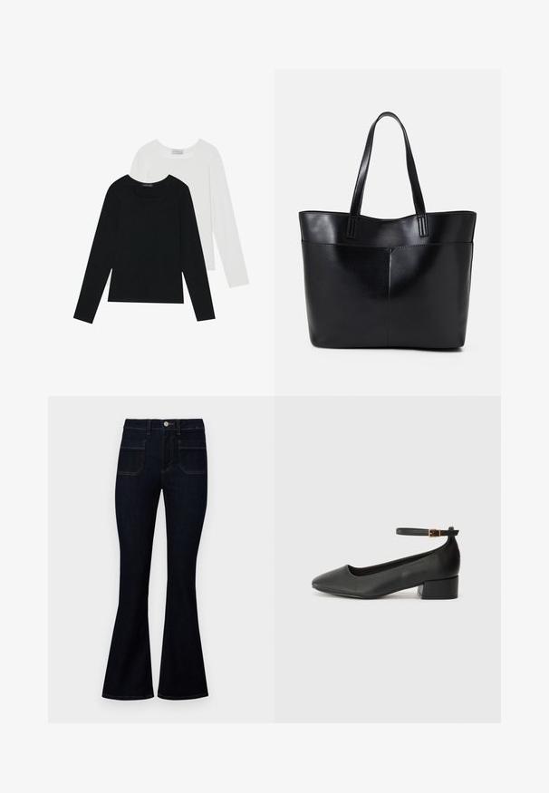 Twee shirts met lange mouwen, één zwart en één wit, beide met een vierkante halslijn en gemaakt van zacht, rekbaar materiaal.; Donkerblauwe flared jeans met een hoge tailleband, gemaakt van denim, met twee achterzakken en contrasterende stiksels langs de naden.; Zwarte leren pump met een spitse neus en een lage blokhak. Beschikt over een enkelband met een goudkleurige gespsluiting. Gladde textuur.; Zwarte leren tote bag met twee lange handvatten, een zachte textuur en een gestructureerde vorm. Voorzien van een voorvak voor extra opslagruimte.