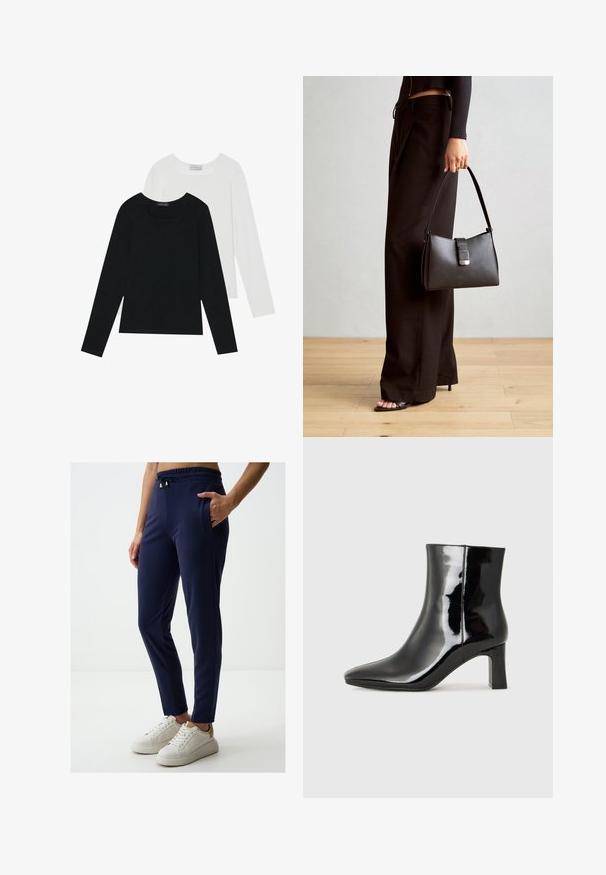 Due magliette a maniche lunghe, una nera e una bianca, entrambe con scollo quadrato e realizzate in un tessuto morbido e elasticizzato.; Pantaloni slim-fit blu navy realizzati in morbido tessuto, con una vita regolabile con cordoncino e dettagli dorati, dotati di tasche laterali. Indossati con sneakers bianche.; Stivaletto in pelle verniciata nera con punta a punta e tacco a blocco di altezza media. Texture liscia e design minimalista.; Borsa nera con forma strutturata, texture liscia e una chiusura metallica. Abbinata a pantaloni neri larghi e sandali open-toe su un pavimento in legno.