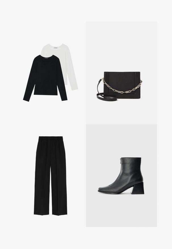 Dvě dlouhé rukávy, jedna černá a jedna bílá, obě s čtvercovým výstřihem a vyrobené z měkké a elastické látky.; Marks & Spencer WIDE LEG - Kalhoty - black; Černá kožená kotníková bota se čtveratým špičkou, bočním zipem a blokovým podpatkem na jednobarevném světlem pozadí.; Černá kožená crossbody taška s hladkým povrchem, obdélníkovým tvarem a kovovým řetízkem na přední straně. Součástí je nastavitelný popruh.