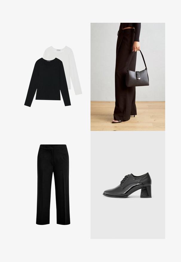 Du suknelės su ilgomis rankovėmis, viena juoda ir viena balta, abi su kvadratiniu iškirpimu ir pagamintos iš minkštos, elastingos medžiagos.; Juodos, plačios kelnių kojos pagamintos iš lygios medžiagos, su dviem priekiniais kišenėmis ir plokščiu juosmeniu. Klasikinio dizaino, su švaria silueto forma.; Juodi lakiniai odiniai batai su apvaliu pirštu, raišteliais ir masyviu stačiakampiu kulnu. Lygus paviršius su blizgiu užbaigimu.; Juodas rankinė struktūrizuota forma, lygi tekstūra ir metalinis užsegimas. Suporuota su plačiomis juodomis kelnėmis ir atvirais bateliais ant medinių grindų.