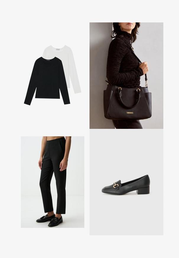 Dwie bluzki z długim rękawem, jedna czarna i jedna biała, obie z kwadratowym dekoltem i wykonane z miękkiego, elastycznego materiału.; Czarne spodnie w prążki o dopasowanym kroju, z gładkim przodem, kieszeniami bocznymi i gładką teksturą. Noszone z czarnymi mokasynami.; Czarne skórzane loafersy z płaskim obcasem, z ozdobnym złotym detalem z przodu i gładką fakturą.; Czarna torebka z teksturowanej powierzchni, podwójnymi uchwytami na górze i regulowanym paskiem na ramię. Posiada złote okucia i boczne kieszenie.