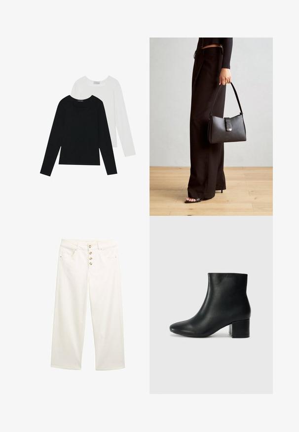 Kaks pikka varrukatoppi, üks must ja teine valge, mõlemad ruudukujulise kaelusega ja valmistatud pehmest, venivast kangast.; Valged laiemad teksad viie nööbiga, eestaskute ja sileda tekstuuriga. Sirged sääred puhaste servadega ja õrnade õmbluse detailidega.; Mustad nahast pahkluu saapad terava varbaga ja jämeda kandaga. Sile tekstuur minimaalse aktsentidega ja stiilne, lihvitud disain.; Must musta kott, millel on struktureeritud kuju, sile tekstuur ja metallist klamber. Kombineeritud laiate mustade pükstega ja avatud varvaste sandaalidega puidust põrandal.