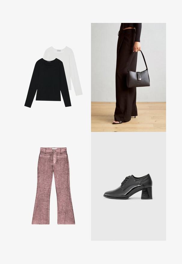 Kaksi pitkähihainen paitaa, yksi musta ja yksi valkoinen, molemmat neliönmallisella kaula-aukolla ja pehmeästä, joustavasta kankaasta valmistettu.; Vaaleanpunaiset leveälahkeiset farkut, joissa on kulunut pinta, kaksi etutaskua, edessä vetoketjukiinnitys ja koristeommeltu sauma.; Mustat lakatut nahkakengät, joissa on pyöreä varvas, nauhakiinnitys ja paksu suorakulmainen korko. Liukas pinta, joka on kiiltävän viimeistelyn omaava.; Musta käsilaukku, jossa on rakenteellinen muoto, sileä pinta ja metallinen solki. Yhdistetty leveisiin mustiin housuihin ja avonaiheisiin sandaaleihin puulattialla.