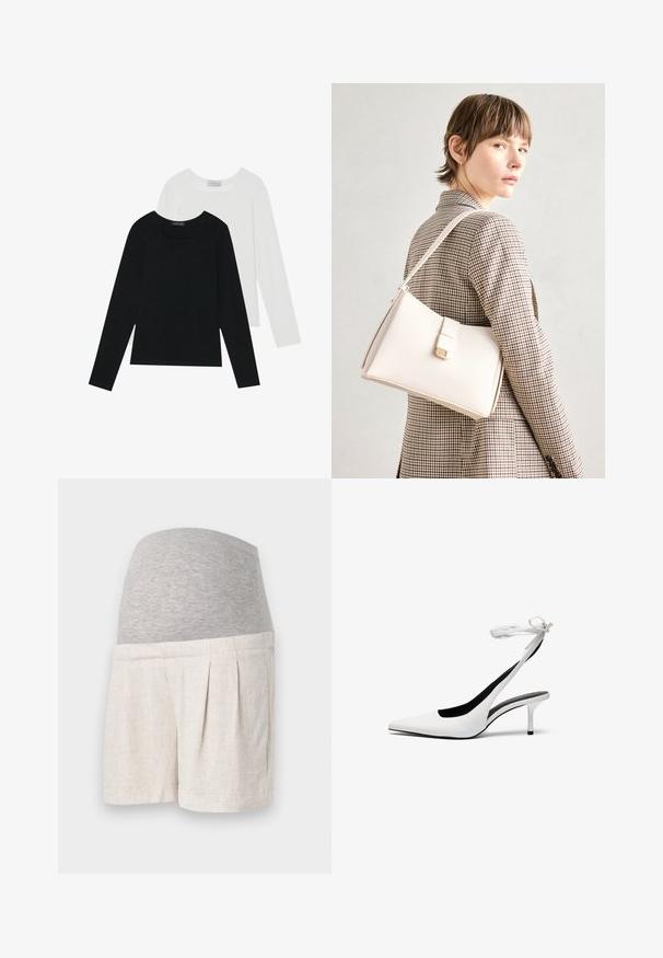 To lange ermer t-skjorter, en svart og en hvit, begge med firkantet utringning og laget av mykt, elastisk stoff.; Graviditetsshorts i lett beige lin, med grå elastisk midjebånd og plisserte detaljer for komfort og fleksibilitet.; Hvite spisse slingback-hæler med tynn ankelrem. Glatt lærmateriale, tynn stiletthæl og svart innvendig foring.; Hvit lær veske med en strukturert design, med magnetlås og skulderstropp, vist mot en nøytral bakgrunn.