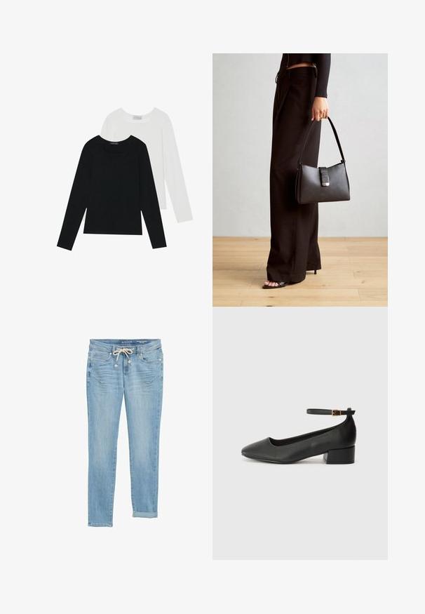 Két hosszú ujjú felső, az egyik fekete, a másik fehér, mindkettő négyzet alakú nyakkivágással rendelkezik, és puha, rugalmas anyagból készült.; Világoskék farmernadrág, egyenes szabású, rugalmas, húzózsinórral ellátott derékkal, feltekerhető szárakkal és elülső zsebekkel. Diszkrét kopásokkal tervezve.; Fekete bőr magassarkú cipő hegyes orral és alacsony tömb sarkal. Bokapánttal rendelkezik, aranyszínű csattal. Simább textúra.; Fekete kézi táska strukturált formával, sima textúrával és fémből készült záródással. Széles fekete nadrággal és nyitott orrú szandállal párosítva, fából készült padlón.