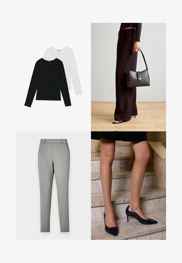 Divi ilgiem piedurknēm tops, viens melns un otrs balts, abiem ir kvadrāta izgriezums un tie ir izgatavoti no mīksta, elastīga auduma.; Gai pelēki bikses ar piegriezumu, kas ir pielāgots, izgatavotas no gludas auduma. Aprīkotas ar jostas vietu ar jostu cilpām un sānu kabatām, ar sašaurinātu kāju dizainu.; Tumši zilie augstpapēžu apavi ar smailo pirkstu, ar gludu un teksturētu apdari, kas atgādina krokodila ādu.; Melnā somiņa ar strukturētu formu, gludu tekstūru un metālu sprādzi. Saskaņota ar platām melnām biksēm un sandālēm ar atvērtu purngalu uz koka grīdas.