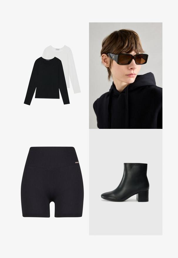 Divi ilgiem piedurknēm tops, viens melns un otrs balts, abiem ir kvadrāta izgriezums un tie ir izgatavoti no mīksta, elastīga auduma.; Melnas ribotas šortas ar augsto jostasvietu un gludu tekstūru. Dizainā ir iekļauts diskrēts zīmola akcenta elements jostasvietā.; Melna ādas potīšu zābaki ar smailu purngalu un masīlu papēdi. Gluda tekstūra ar minimāliem akcentiem un gludu, pieguļošu dizainu.; Melni pārmērīgi lieli saulesbrilles ar spīdīgu apdari, taisnstūra formu, brūnu tonēšanu lēcām un zelta logotipa detaļām uz kājiņām.