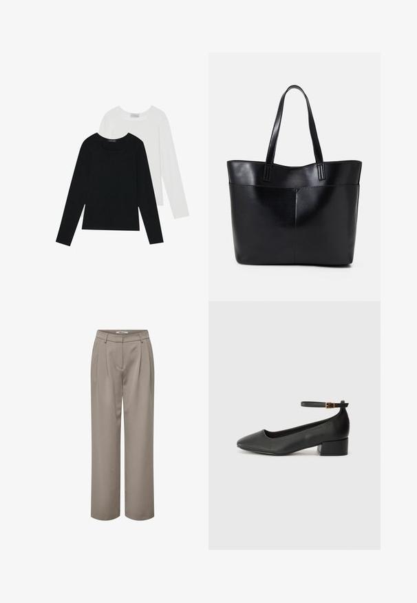 Deux tops à manches longues, un noir et un blanc, tous deux avec un décolleté carré et fabriqués en tissu doux et extensible.; Pantalons larges beige clair, avec des plis, une texture lisse et un design de taille épuré. Simples et polyvalents pour diverses tenues.; Escarpin en cuir noir avec un bout pointu et un petit talon bloc. Doté d'une bride de cheville avec une boucle dorée. Texture lisse.; Sac fourre-tout en cuir noir avec deux longues poignées, une texture lisse et une forme structurée. Dispose d'une poche avant pour un rangement supplémentaire.