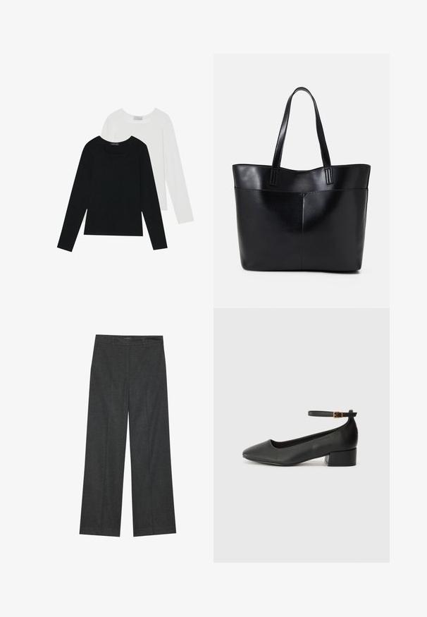 Două bluze cu mânecă lungă, una neagră și una albă, ambele având un guler pătrat și fiind confecționate dintr-un material moale și elastic.; Pantaloni largi de culoare gri închis, confecționați dintr-un material texturat, având un front plat, bucle pentru curea și o terminare curată la tiv.; Pantof cu toc negru din piele, cu vârf ascuțit și toc mic pătrat. Dispune de o curea la gleznă cu o cataramă în tonuri de aur. Textură netedă.; Geantă oversized din piele neagră, cu două mânere lungi, de textură netedă și formă structurată. Are un buzunar frontal pentru stocare suplimentară.