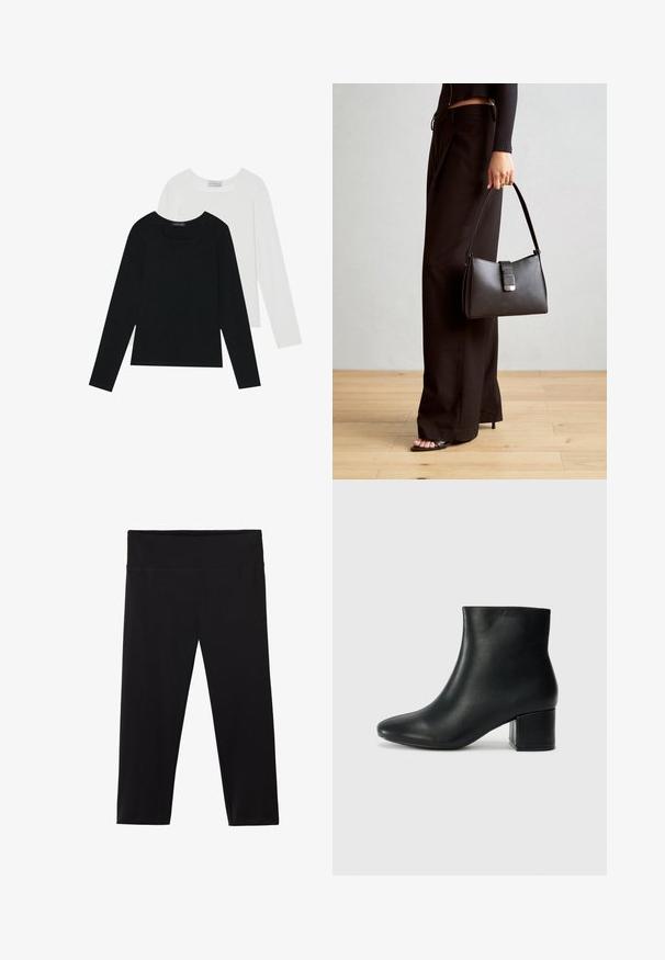 Deux tops à manches longues, un noir et un blanc, tous deux avec un décolleté carré et fabriqués en tissu doux et extensible.; Leggings noirs en tissu extensible avec une taille haute et large. Texture lisse sans motifs ni détails métalliques visibles.; Bottines en cuir noir avec un bout pointu et un talon épais. Texture lisse avec des accents minimalistes et un design élégant et ajusté.; Sac à main noir à la forme structurée, texture lisse et fermoir métallique. Associé à un pantalon noir ample et des sandales ouvertes sur un sol en bois.