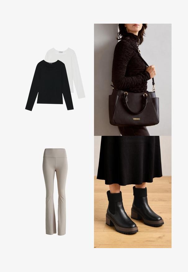 Two long-sleeve tops, one black and one white, both featuring a square neckline and made from soft, stretchy fabric.; Beige flared leggings made of stretchy material. High waistband with subtle branding. Smooth texture with no visible seams or patterns.; Black leather ankle boots with ribbed fabric cuffs, chunky brown heel, and textured sole. Smooth finish with elastic side panels.; Black handbag with textured surface, dual top handles, and adjustable shoulder strap. Features gold-tone hardware and side pockets.