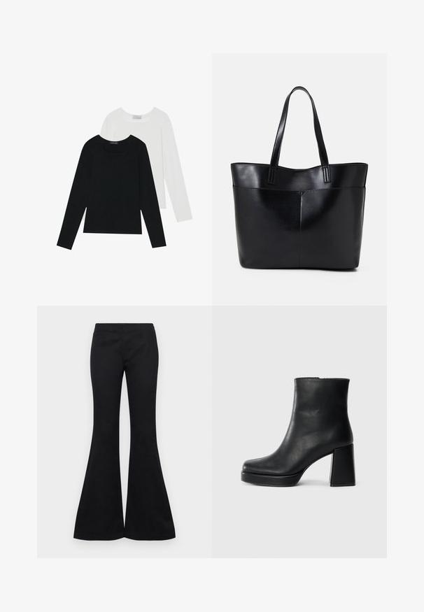 Dva dugo rukava, jedan crni i jedan bijeli, oba s kvadratnim izrezom i izrađeni od mekane, rastezljive tkanine.; Crne široke hlače od glatkog materijala, s uskim gornjim dijelom i širokim nogavicama, bez vidljivih ukrasa ili džepova.; Crna kožna čizma do gležnja s blok petom i platformom, prikazana s bočne strane na jednostavnoj bijeloj pozadini.; Crna kožna torba s dugim ručkama, glatkom teksturom i strukturiranim oblikom. Ima prednju džep za dodatno pohranu.