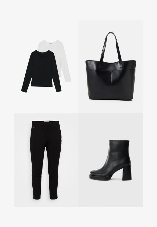 Due magliette a maniche lunghe, una nera e una bianca, entrambe con scollo quadrato e realizzate in un tessuto morbido e elasticizzato.; Anna Field Curvy Pantaloni - black; Stivale alla caviglia in pelle nera con tacco a blocco e suola platform, visto di lato su uno sfondo bianco uniforme.; Borsa a tracolla in pelle nera con due manici lunghi, una texture liscia e una forma strutturata. Presenta una tasca frontale per ulteriore spazio di archiviazione.