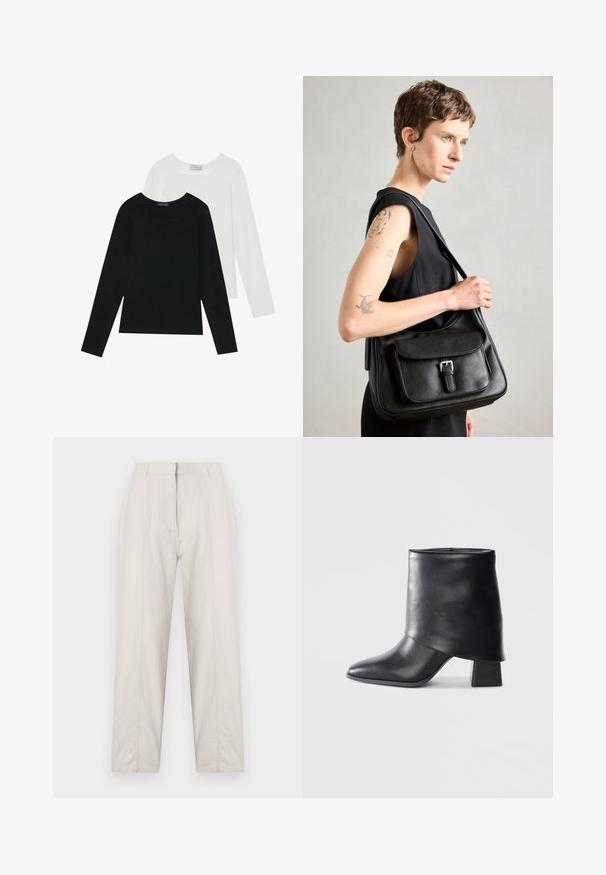 Two long-sleeve tops, one black and one white, both featuring a square neckline and made from soft, stretchy fabric.; Cream-colored trousers with a straight-leg design, featuring front crease details, two side pockets, and a mid-rise waistband.; Black leather ankle boot with a pointed toe, smooth texture, and a structured block heel. Features a high, folded cuff design.; Black leather shoulder bag with a front flap, buckle detail, and a smooth texture. Features a single shoulder strap and a minimalist design.