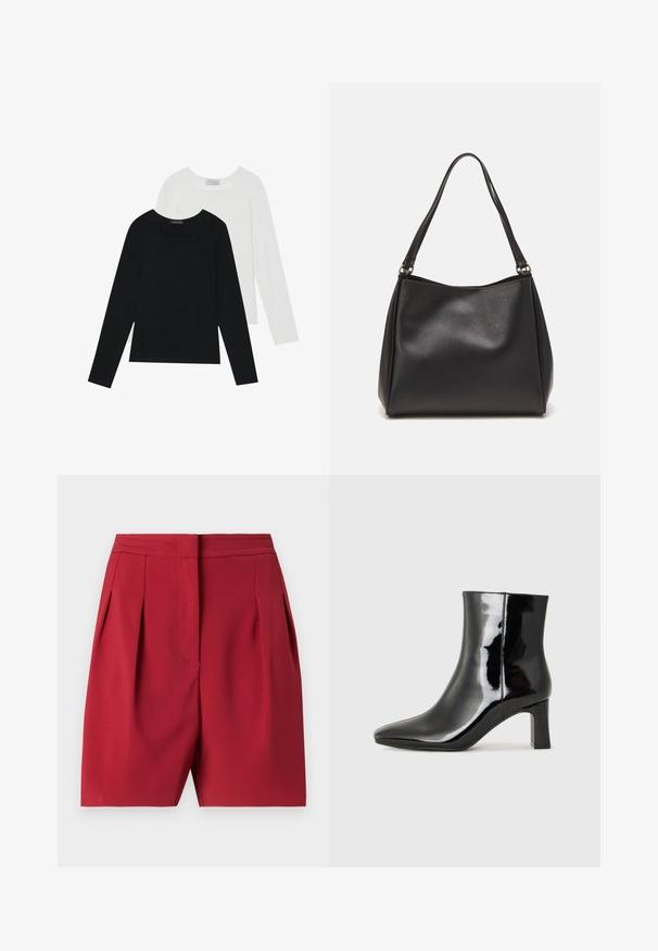 Két hosszú ujjú felső, az egyik fekete, a másik fehér, mindkettő négyzet alakú nyakkivágással rendelkezik, és puha, rugalmas anyagból készült.; Vörös szabott rövidnadrág, redőkkel, sima anyagból készült. Szerkezetes derékkal és letisztult vonalakkal rendelkezik, kifinomult sziluettet kínál.; Fekete lakk bőrcipő bokáig érő, hegyes orral és közepes magasságú tömbsarokkal. Simább textúrával és minimalista dizájnnal rendelkezik.; Fekete szintetikus bőr kézitáska puha tapintással, hobo forma, és dupla vállpánt; fényes felülettel és minimál stílussal rendelkezik.