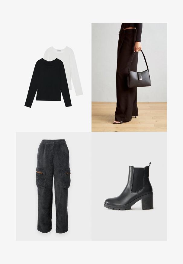 Kaks pikka varrukatoppi, üks must ja teine valge, mõlemad ruudukujulise kaelusega ja valmistatud pehmest, venivast kangast.; UGG NYISHA CARGO PANT - Kargopüksid - ink; Must must nahkasaapad elastsete külgpaneelidega, paksu kummitald ja kõrge plokkkonts. Tagaküljel on tõmbeheebel.; Must musta kott, millel on struktureeritud kuju, sile tekstuur ja metallist klamber. Kombineeritud laiate mustade pükstega ja avatud varvaste sandaalidega puidust põrandal.