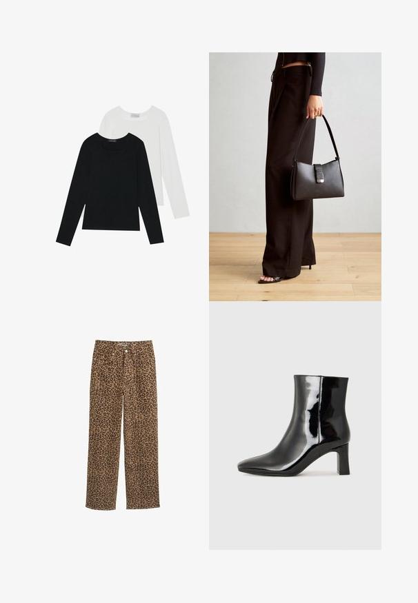 Dos camisetas de manga larga, una negra y otra blanca, ambas con escote cuadrado y confeccionadas en un tejido suave y elástico.; Pantalones de mezclilla de estampado de leopardo, de tiro medio, con corte recto, que presentan un patrón en marrón y negro, cierre de botón y diseño de cinco bolsillos.; Botín de charol negro con punta afilada y un tacón de bloque de altura media. Textura suave y diseño minimalista.; Bolso negro con forma estructurada, textura suave y un cierre metálico. Combinado con pantalones anchos negros y sandalias de dedo en un suelo de madera.