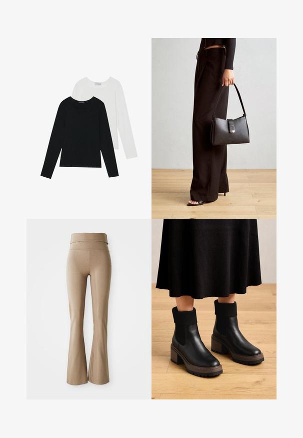 Zwei Langarmoberteile, eines schwarz und eines weiß, beide mit einem quadratischen Ausschnitt und aus weichem, dehnbarem Stoff.; Beige ausgestellte Leggings aus dehnbarem Material; mit einem breiten, umschlagbaren Taillenbund und subtilen Nahtdetails. Glatte Textur, enganliegendes Design.; Schwarze Leder-Stiefeletten mit gerippten Stoffbündchen, klobigem braunem Absatz und strukturiertem Sohlen. Glatte Oberfläche mit elastischen Seitenpaneelen.; Schwarze Handtasche mit strukturierter Form, glatter Textur und einem metallischen Verschluss. Kombiniert mit weiten schwarzen Hosen und offenen Sandalen auf einem Holzboden.