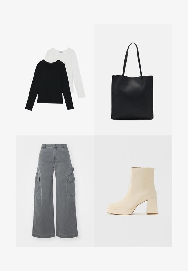 Due magliette a maniche lunghe, una nera e una bianca, entrambe con scollo quadrato e realizzate in un tessuto morbido e elasticizzato.; Pantaloni cargo grigi a gamba larga in cotone, con due tasche cargo laterali e vita alta, dotati di una finitura liscia e leggermente testurizzata.; Stivaletti beige in pelle con tacco a blocco e suola platform, finitura liscia e punta leggermente quadrata, rivolti a sinistra su sfondo bianco.; Borsa tote in pelle nera con texture liscia, forma rettangolare e due manici lunghi. Nessun hardware o decorazione visibile.