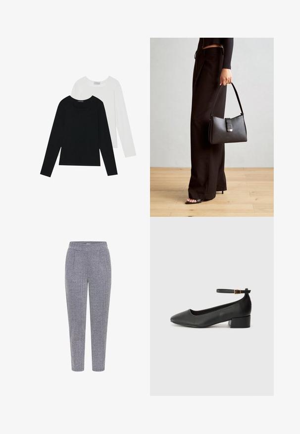 Dwie bluzki z długim rękawem, jedna czarna i jedna biała, obie z kwadratowym dekoltem i wykonane z miękkiego, elastycznego materiału.; Spodnie w wzór houndstooth w granatowo-białym kolorze, z teksturowanej tkaniny, elastycznym paskiem w talii i zwężanym kroju nogawek.; Czarne skórzane szpilki z ostrym noskiem i niskim słupkowym obcasem. Wyposażone w pasek na kostkę z złotym zapięciem. Gładka tekstura.; Czarna torebka o usztywnionym kształcie, gładkiej fakturze i metalowym zapięciem. Połączona z szerokimi czarnymi spodniami i sandałami na otwartym palcu na drewnianej podłodze.