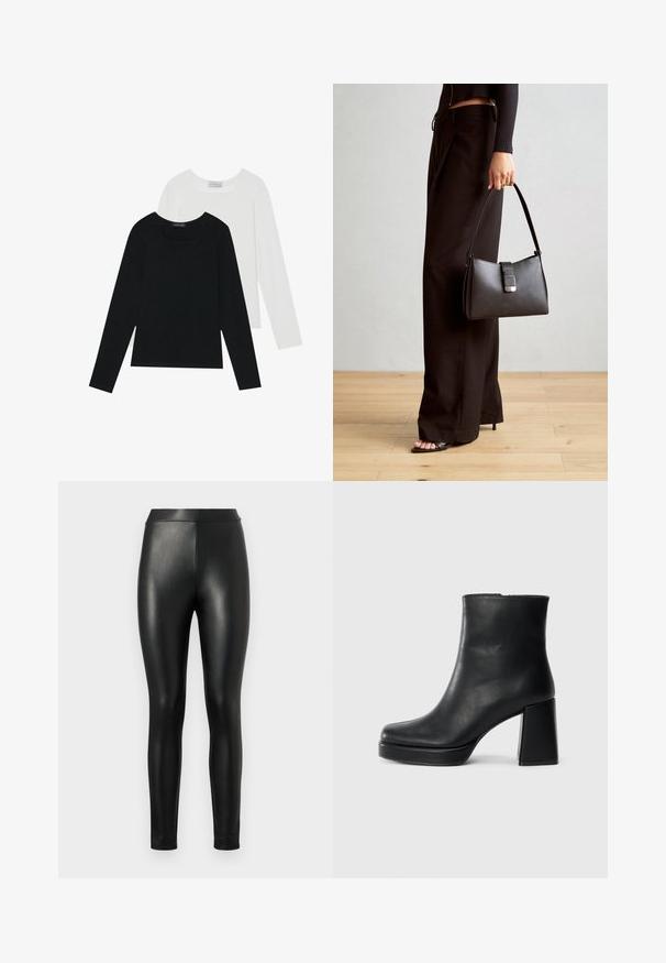 Két hosszú ujjú felső, az egyik fekete, a másik fehér, mindkettő négyzet alakú nyakkivágással rendelkezik, és puha, rugalmas anyagból készült.; Fekete műbőr leggings sima textúrával, magas derékkal és testhezálló fazonnal, amelyek céltudatos siluettet biztosítanak.; Fekete bőr bokacsizma tömbsarkal és platform talppal, oldalról nézve, sima fehér háttéren.; Fekete kézi táska strukturált formával, sima textúrával és fémből készült záródással. Széles fekete nadrággal és nyitott orrú szandállal párosítva, fából készült padlón.