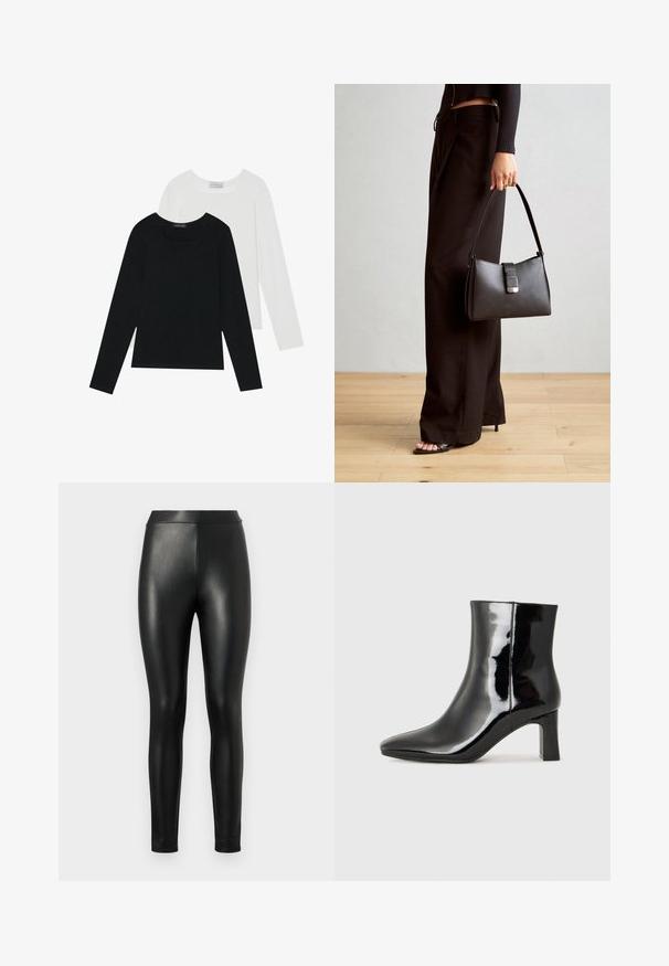 To lange ermer t-skjorter, en svart og en hvit, begge med firkantet utringning og laget av mykt, elastisk stoff.; Sorte fuskellær leggings med en jevn tekstur, høy midje og tettsittende passform, designet for en strømlinjeformet silhuett.; Sorte patentlær ankle boot med spiss tå og en mellomhøy blokkhelt. Glatt tekstur og minimalistisk design.; Svart håndveske med strukturert form, jevn tekstur og metallisk lås. Kombinert med brede svarte bukser og sandaler med åpen tå på tregulv.