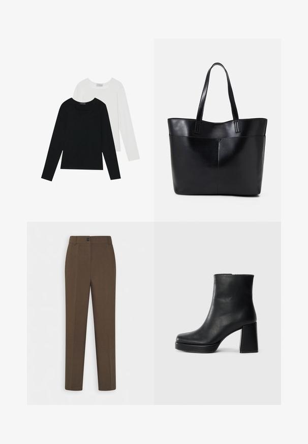 Dwie bluzki z długim rękawem, jedna czarna i jedna biała, obie z kwadratowym dekoltem i wykonane z miękkiego, elastycznego materiału.; Proste brązowe spodnie o nogawkach prostych z paskiem i pojedynczym zapięciem z przodu, prezentowane na białym tle.; Czarne skórzane botki za kostkę z blokowym obcasem i platformą, widok z boku na białym tle.; Czarna skórzana torba na ramię z dwoma długimi uchwytami, gładką teksturą i sztywną formą. Posiada przednią kieszeń dla dodatkowego przechowywania.