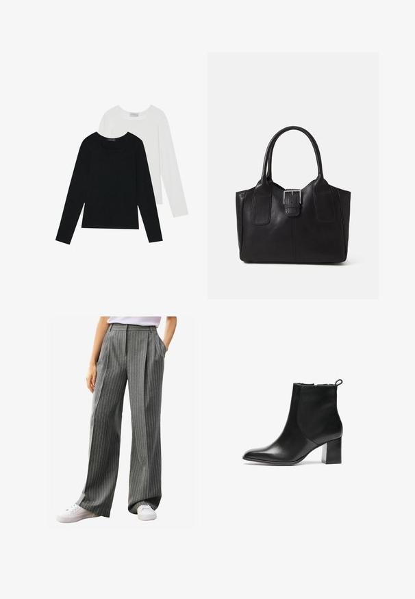 Dva dolga rokava, en črn in en bel, oba z kvadratnim izrezom in narejena iz mehkega, raztegljivega materiala.; Sive prugaste hlače širokog kroja s naborima, koje imaju mekani materijal i bočne džepove, u kombinaciji s bijelim tenisicama.; Črne usnjene gležnjarje z zaobljenim nosom, srednje visokim blokastim peto in zanko na hrbtni strani. Gladka tekstura, minimalističen dizajn.; Črna usnjena torba s gladko teksturo, strukturirano obliko, dvema ročkama in izrazitim srebrnim sponko na sprednji strani.