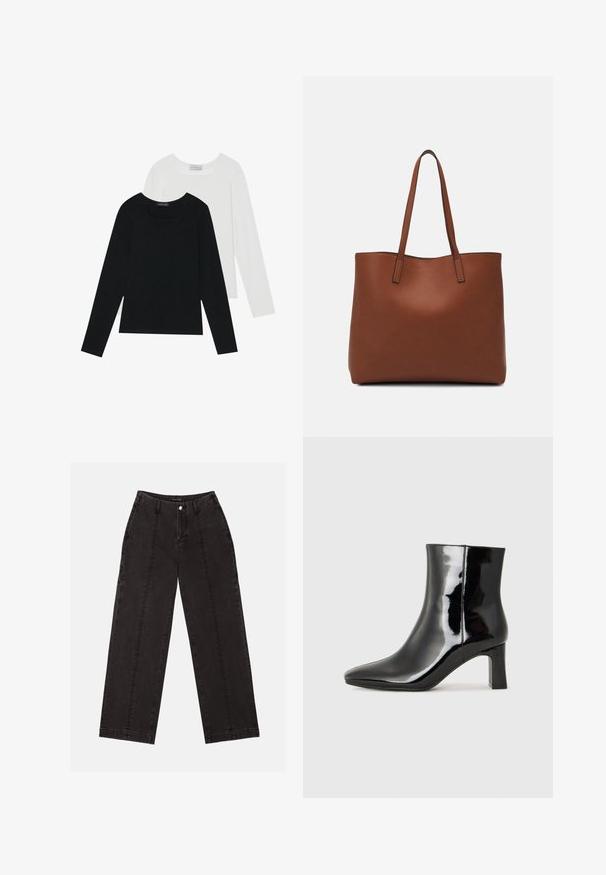 To lange ermer t-skjorter, en svart og en hvit, begge med firkantet utringning og laget av mykt, elastisk stoff.; Sorte videbukser laget av denim, med høy midje, knappelukking foran, og to vertikale sømmer foran.; Sorte patentlær ankle boot med spiss tå og en mellomhøy blokkhelt. Glatt tekstur og minimalistisk design.; Brun lær tote veske med en jevn tekstur, åpen toppdesign og to skulderstropper. Har minimal søm og ingen synlige spiker.