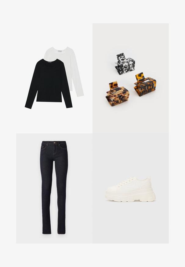 To lange ermer t-skjorter, en svart og en hvit, begge med firkantet utringning og laget av mykt, elastisk stoff.; Mørkeblå denimjeans med smal passform, med høy midje, fem lommer og oransje sømdetaljer langs sømmene.; Hvit kanvas sneakers med chunky såle, avrundet tå og fem hull for snøringer. Bakre tab for enkel påkledning. Glatt tekstur, minimalistisk design.; Tre hårnåler: en i svart og hvitt marmorert, to i skilpaddemønster i brune og svarte nyanser, alle laget av glansfull plast med en teksturert finish.