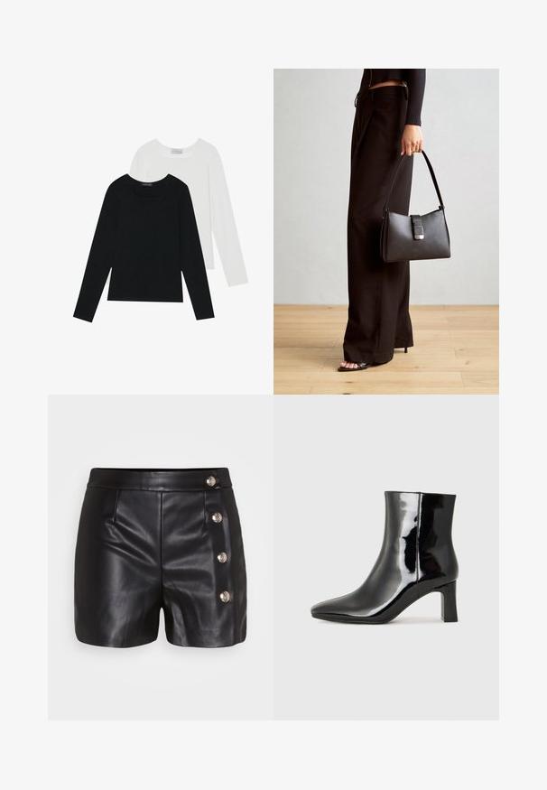 Zwei Langarmoberteile, eines schwarz und eines weiß, beide mit einem quadratischen Ausschnitt und aus weichem, dehnbarem Stoff.; Schwarze Lederhosen mit glatter Textur, ausgestattet mit vier silbernen Knopfakzenten auf der rechten Seite und zwei vorderen Taschen.; Schwarzer Lackleder-Stiefelette mit spitzer Zehe und einem mittelhohen Blockabsatz. Glatte Textur und minimalistisches Design.; Schwarze Handtasche mit strukturierter Form, glatter Textur und einem metallischen Verschluss. Kombiniert mit weiten schwarzen Hosen und offenen Sandalen auf einem Holzboden.
